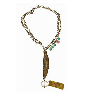 NWT Brass Feather Necklace w/ Czech Glass Accents
